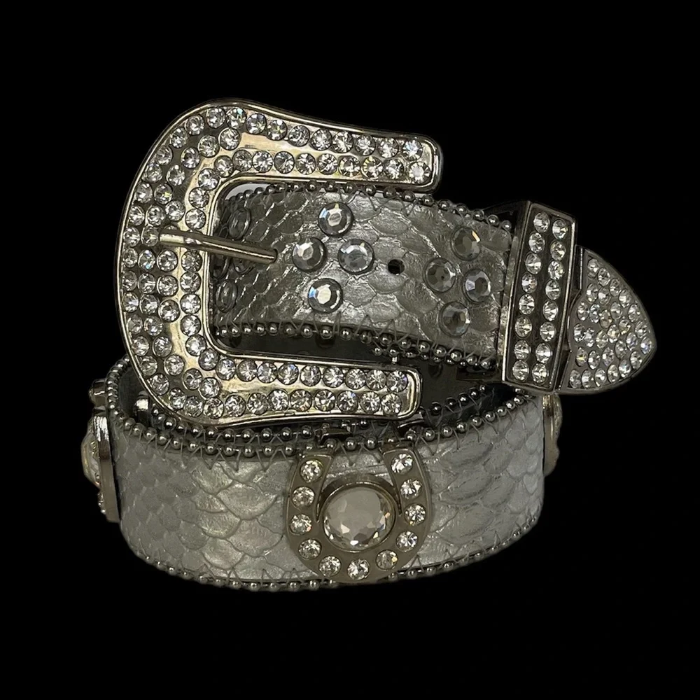 Western Cowgirl metallic silver rhinestone horseshoe bling leather belt Size M/L